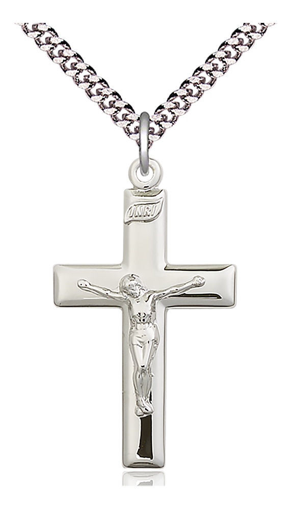 Sterling Silver Crucifix Pendant on an 24-inch Light Rhodium Heavy Curb Chain. Handmade in the USA