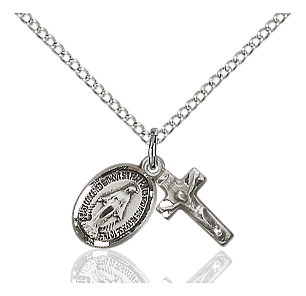 Sterling Silver Miraculous / Crucifix Pendant Set on an 18-inch Light Rhodium Curb Chain.  Handmade in the USA