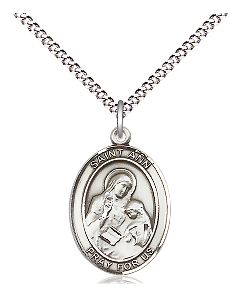 Sterling Silver Saint Ann Pendant on an 18-inch Light Rhodium Light Curb Chain.  Handmade in the USA