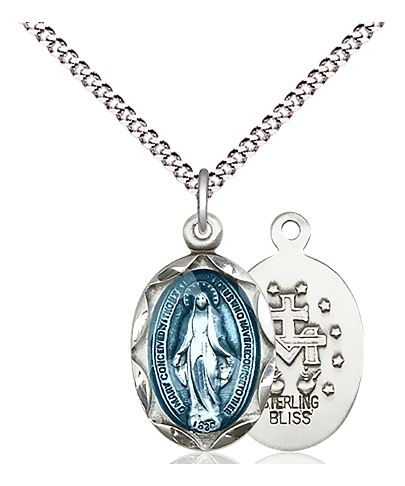 Miraculous Medal with Blue Epoxy.  Medal Measures 3/4-inch tall by 3/8-inch wide  Chain is 18 Inches in length Light Rhodium Light Curb Chain with Lobster Claw Clasp  Hand-Epoxied in Blue Handmade in the USA