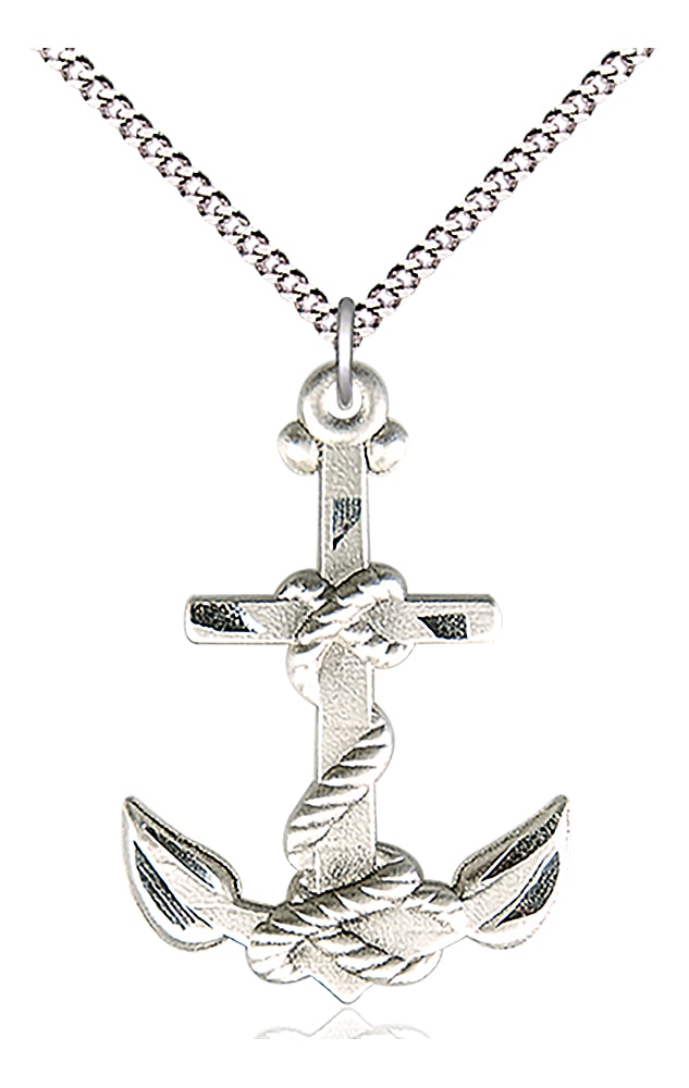 Mariners Cross Medal  Medal Measures 1 1/4-inch tall by 7/8-inch wide  Chain is 18 Inches in length Light Rhodium Light Curb Chain with Lobster Claw Clasp Handmade in the USA