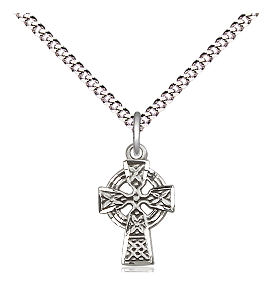 Sterling Silver Celtic Cross Pendant on an 18-inch Light Rhodium Light Curb Chain.  Handmade in the USA