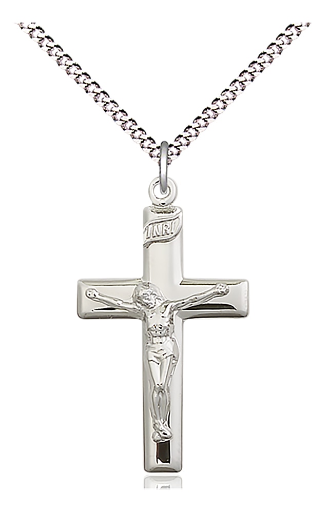 Sterling Silver Crucifix Pendant on an 18-inch Light Rhodium Light Curb Chain.  Handmade in the USA