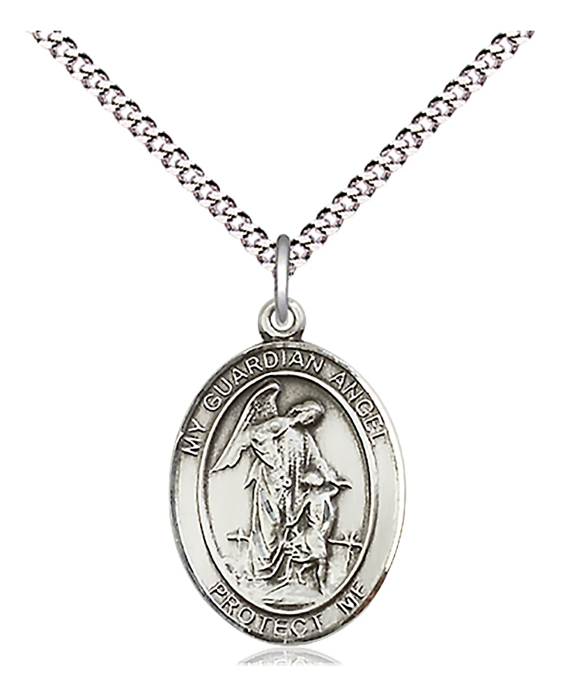 Sterling Silver Guardian Angel Pendant on an 18-inch Light Rhodium Light Curb Chain.  Handmade in the USA