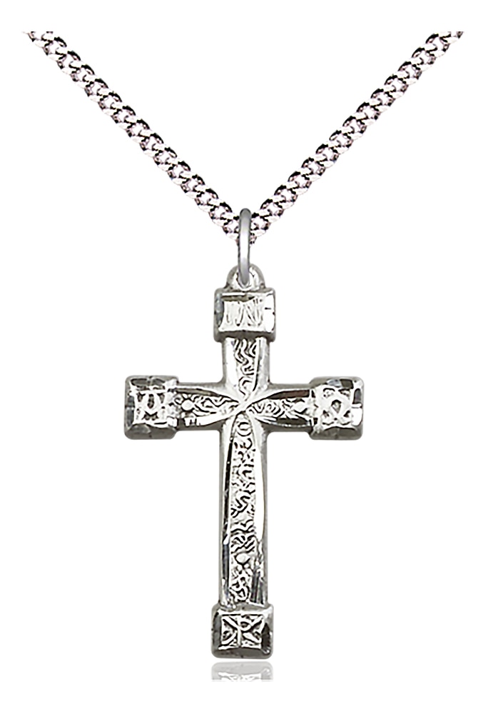 Sterling Silver Cross Pendant on an 18-inch Light Rhodium Light Curb Chain.  Handmade in the USA