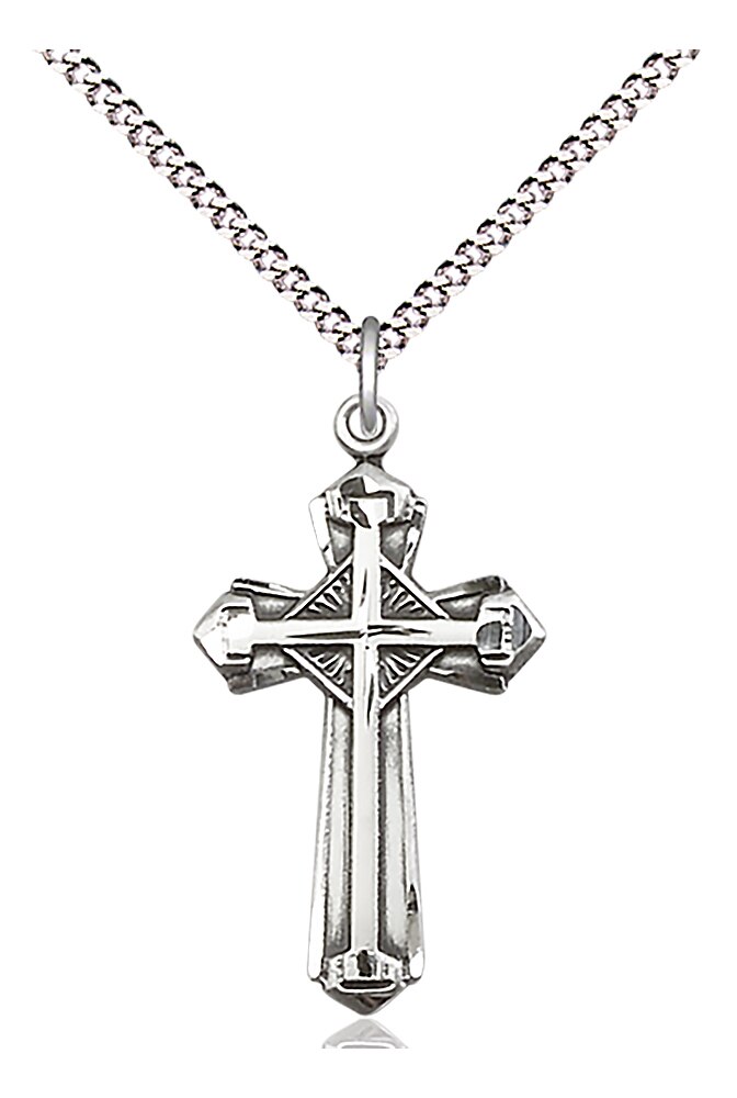 Sterling Silver Cross Pendant on an 18-inch Light Rhodium Light Curb Chain.  Handmade in the USA