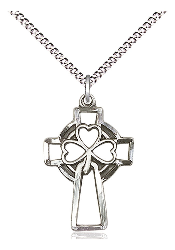 Sterling Silver Shamrock Cross Pendant on an 18-inch Light Rhodium Light Curb Chain.  Handmade in the USA