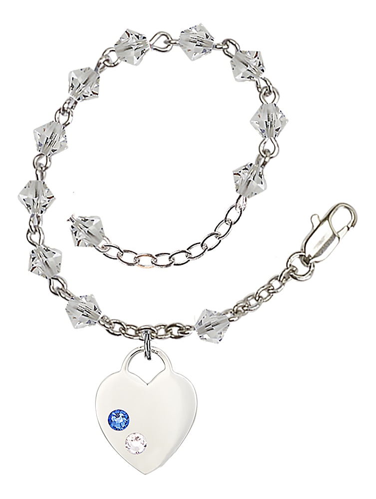 7-1/2 Inch Crystal Bracelet with Sterling Silver Heart Charm and School Colors - Dark Blue and Crystal Stones