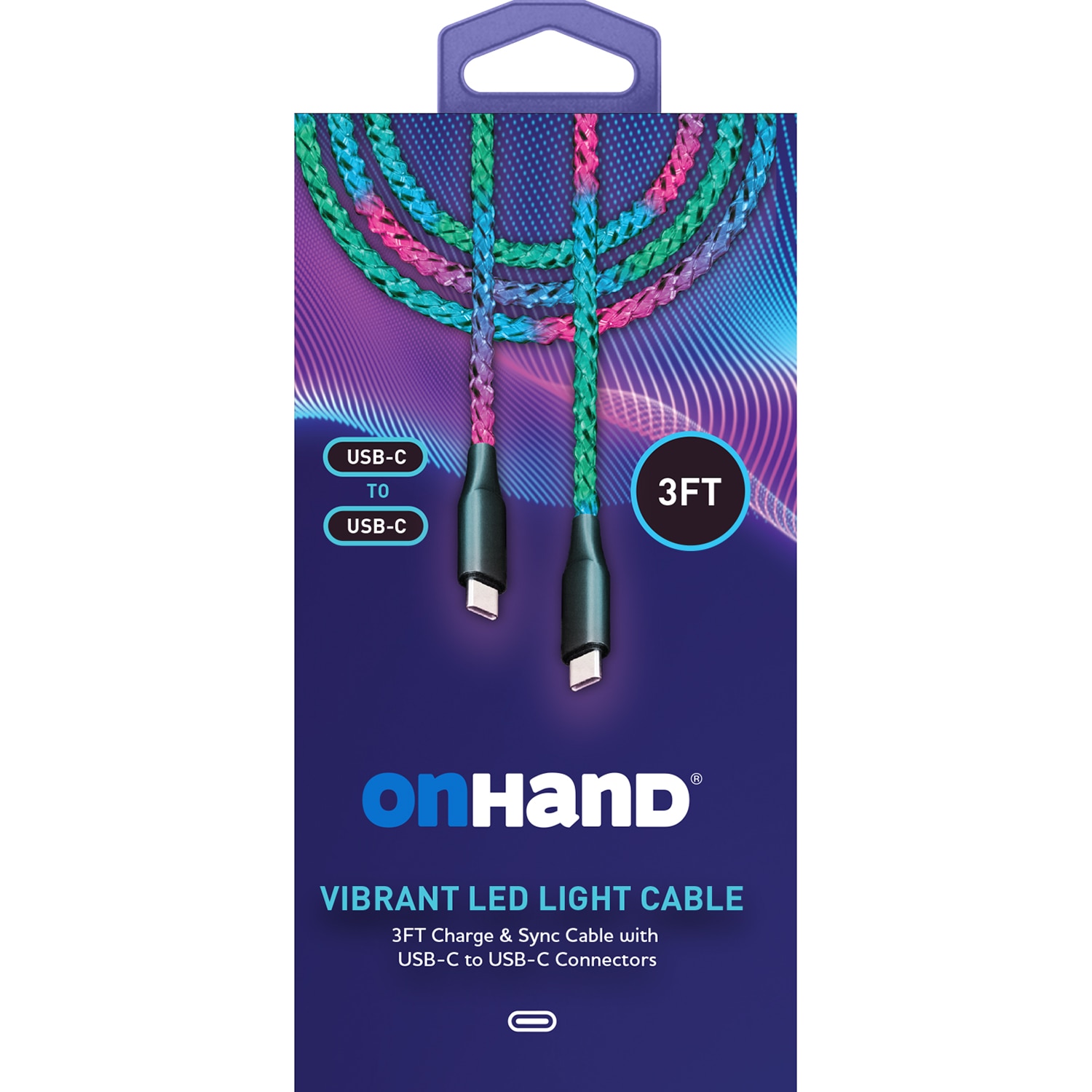 OnHand Vibrant USB-C to USB-C LED Light Charge & Sync Cable 3ft