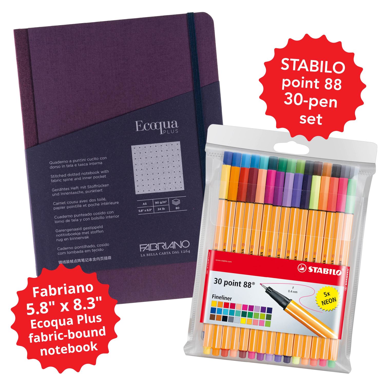 Fabriano Ecoqua Plus Fabric-Bound Ntbk, 5.8" x 8.3" and STABILO point 88 30-CL Bundle