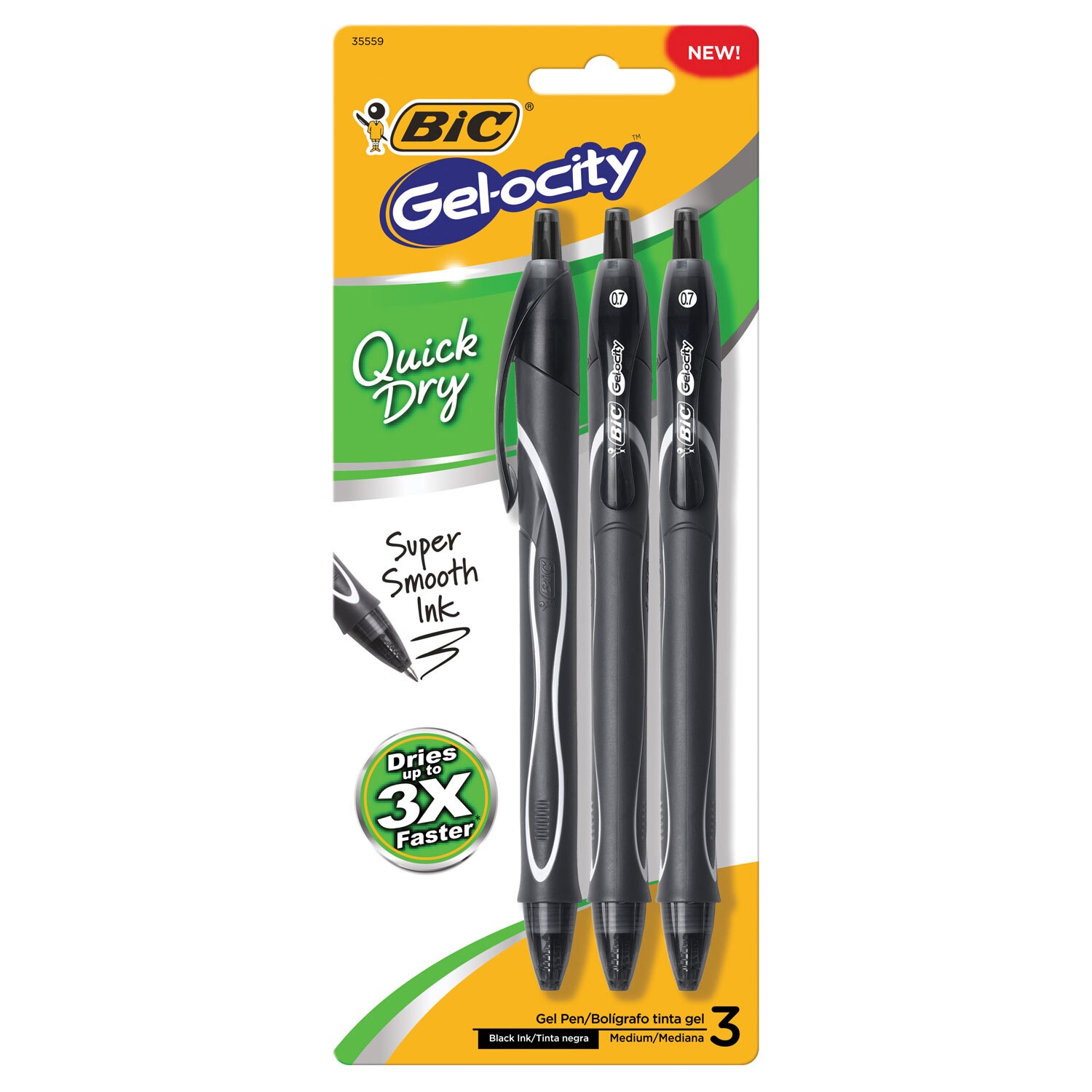 BIC Gelocity Quick Dry Retractable Gel Pen Medium Point 0.7mm Black 3Pack