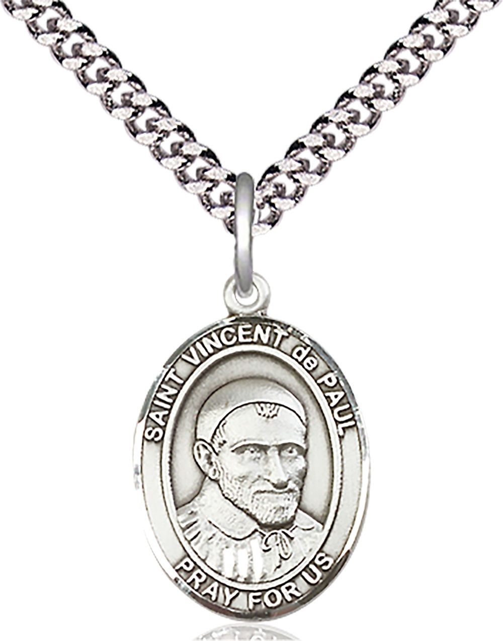 Sterling Silver Saint Vincent de Paul Medal on an 18-inch Light Rhodium Heavy Curb Chain