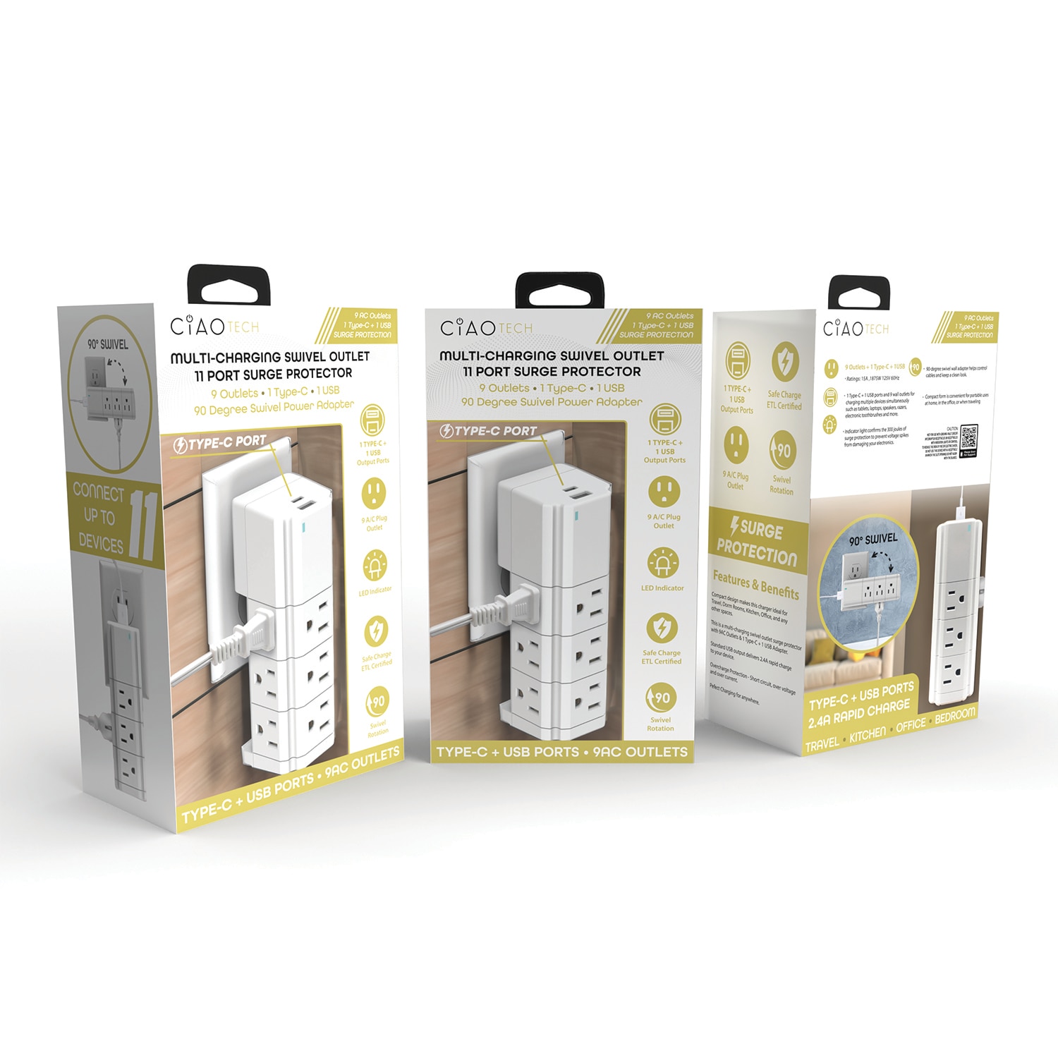 Swivel Multi-Port Adapter with 9 AC Outlets + 1 USB-A + 1 USB-C Output Port. Charge