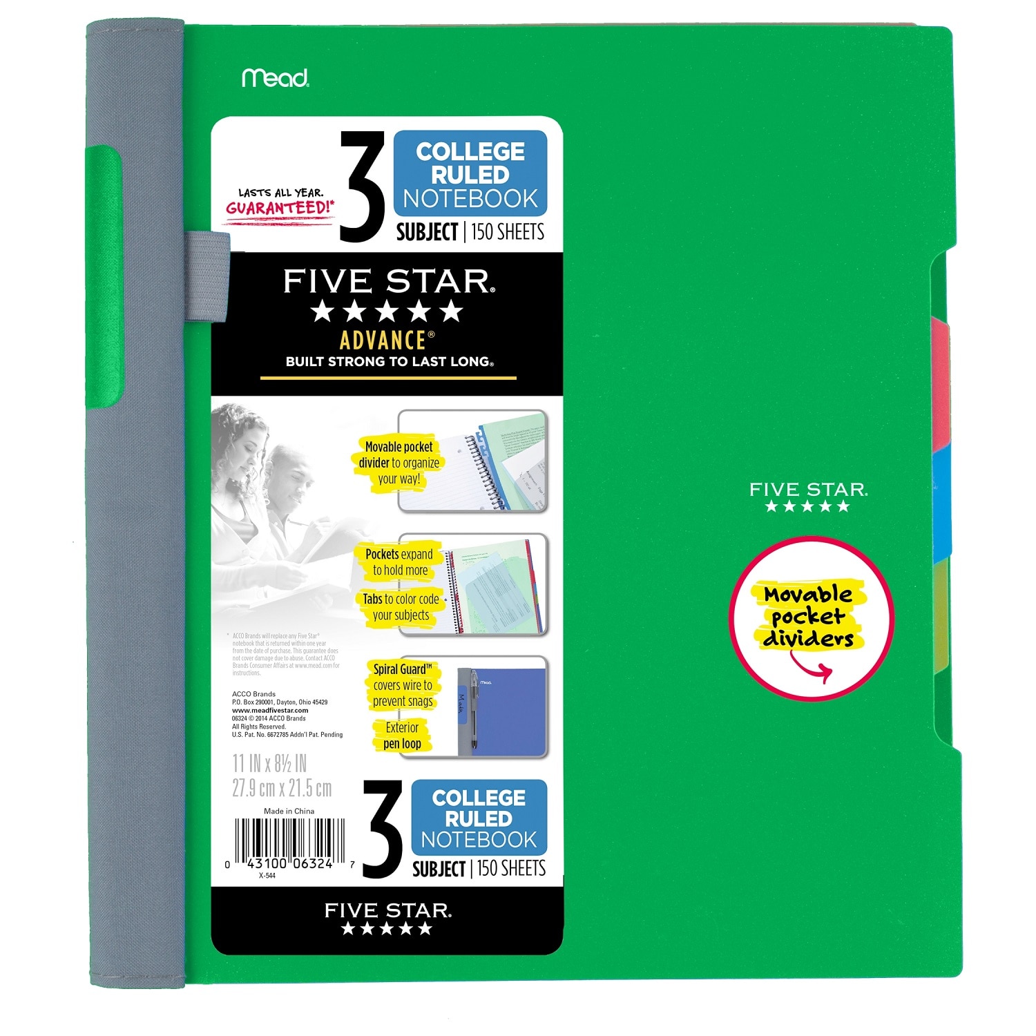 Five Star Advance Wirebound Notebook 3 Subject College Ruled 11 x 8 12 Assorted Colors