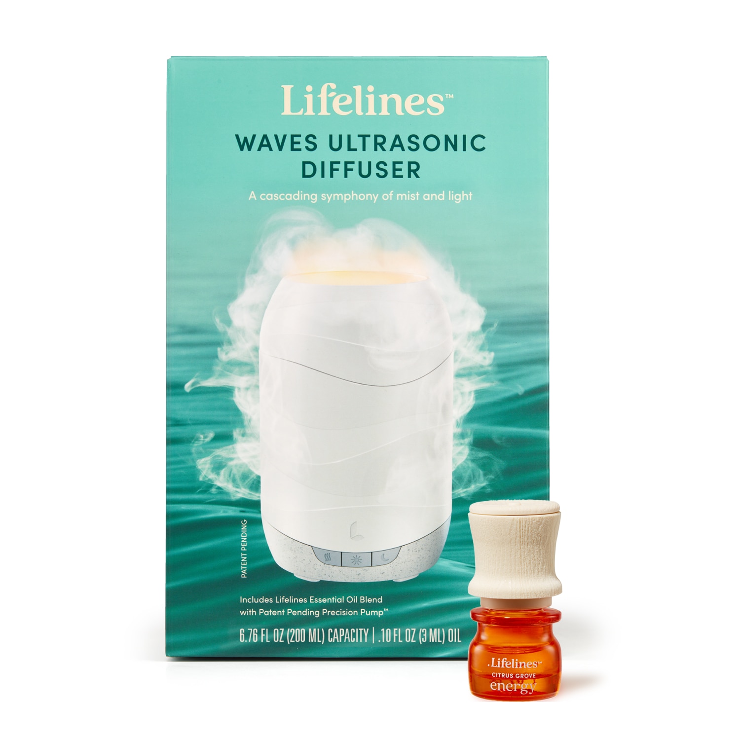 Lifelines "Waves" Ultrasonic Diffuser (300ml) - Cascading Mist and Light plus Essential Oil Blend