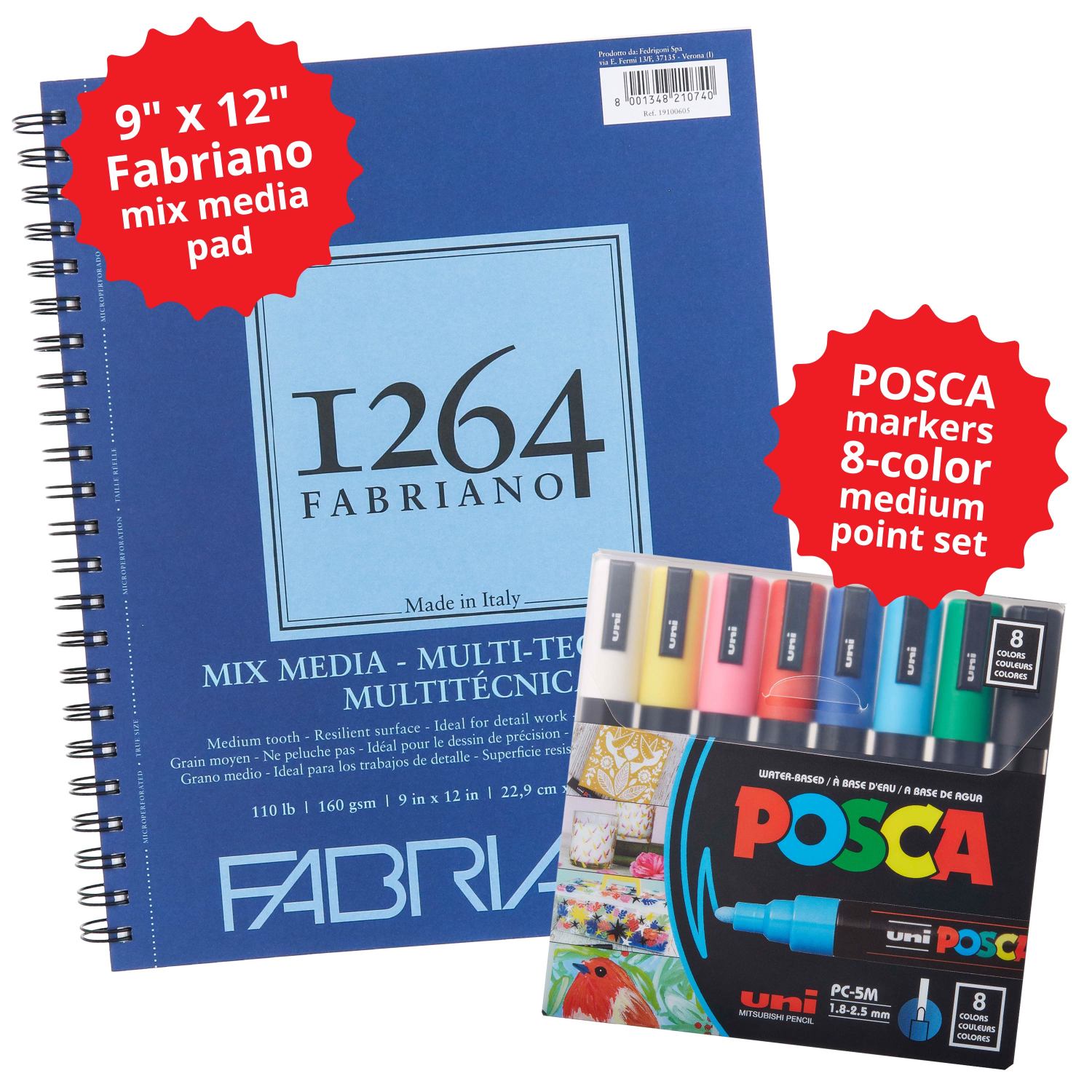 Fabriano 1264 Mixed Media Pad, and POSCA Marker 8-Color PC-5M Medium Pt Bundle