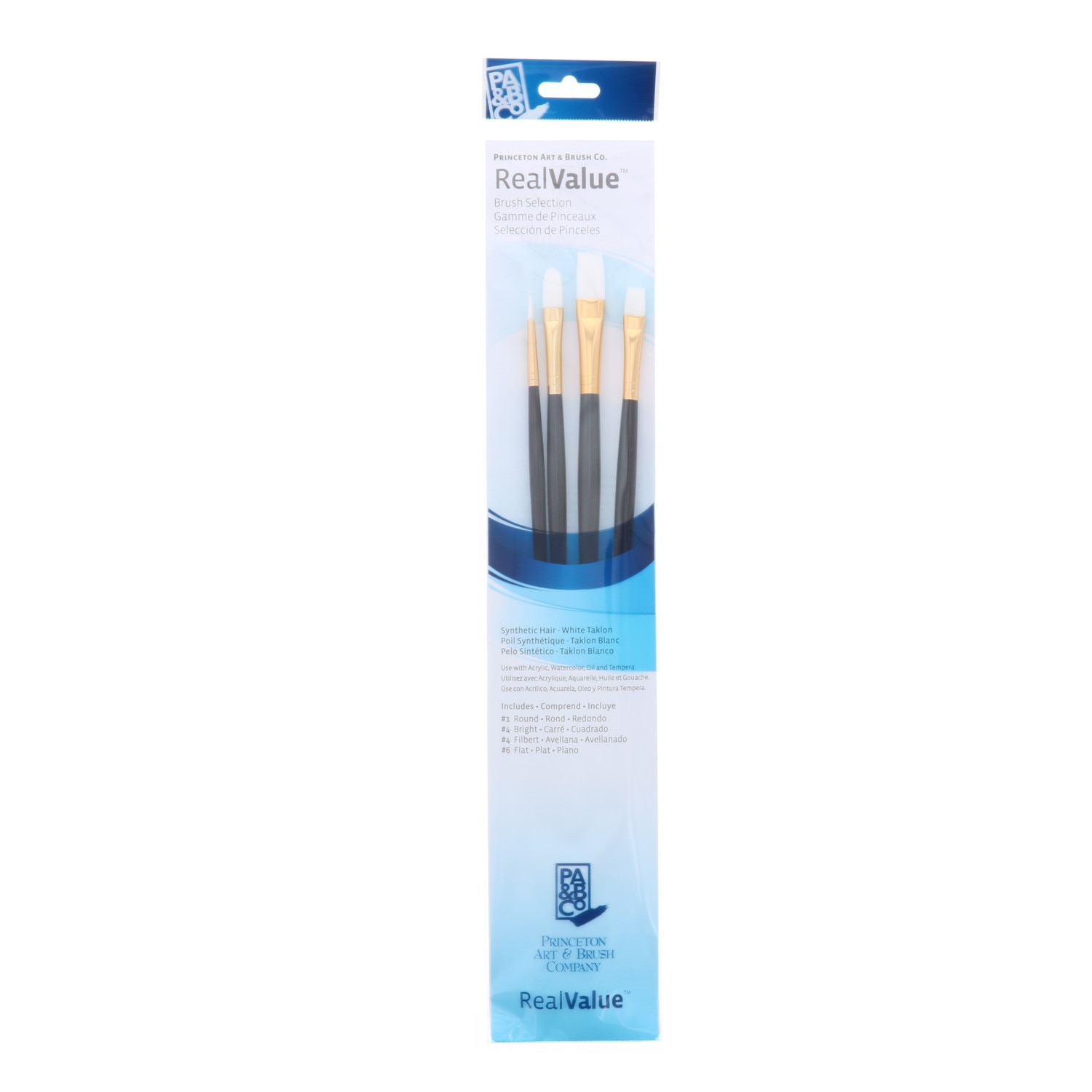 Princeton Brush Real Value 4-Brush White Taklon Brush Set, Round 1, Bright 4, Filbert 4, Flat 6