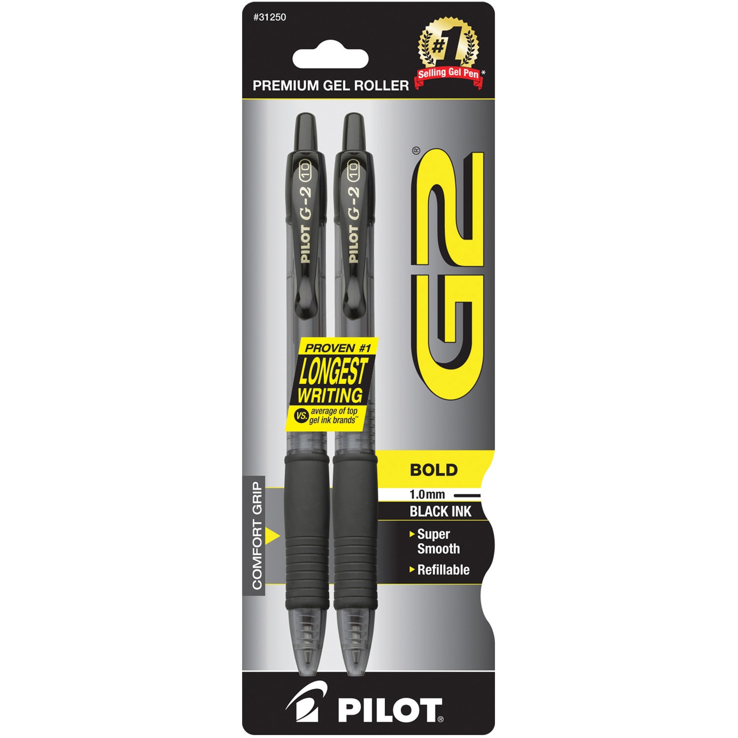 Pilot G2 Retractable Roller Gel Pen Bold 1.0mm Black 2Pack