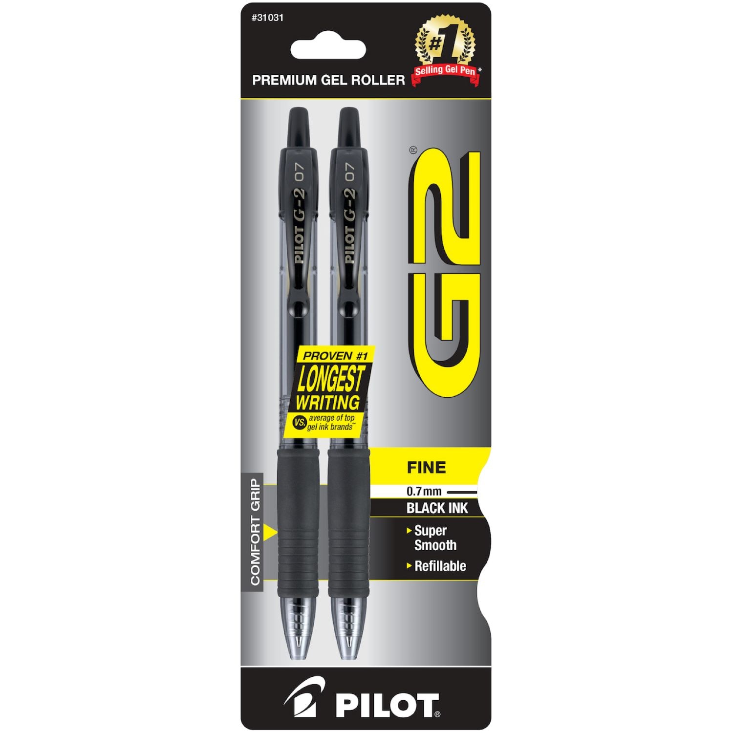 Pilot G2 Retractable Roller Gel Pen Fine 0.7mm Black 2Pack