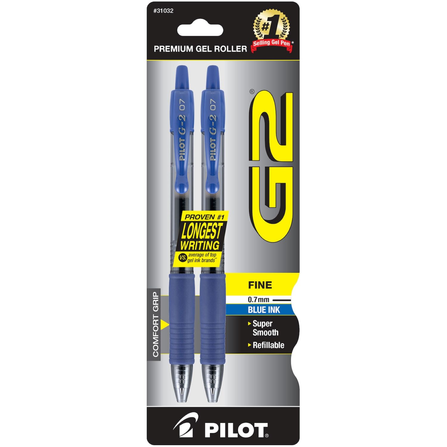 Pilot G2 Retractable Roller Gel Pen Fine 0.7mm Blue 2Pack