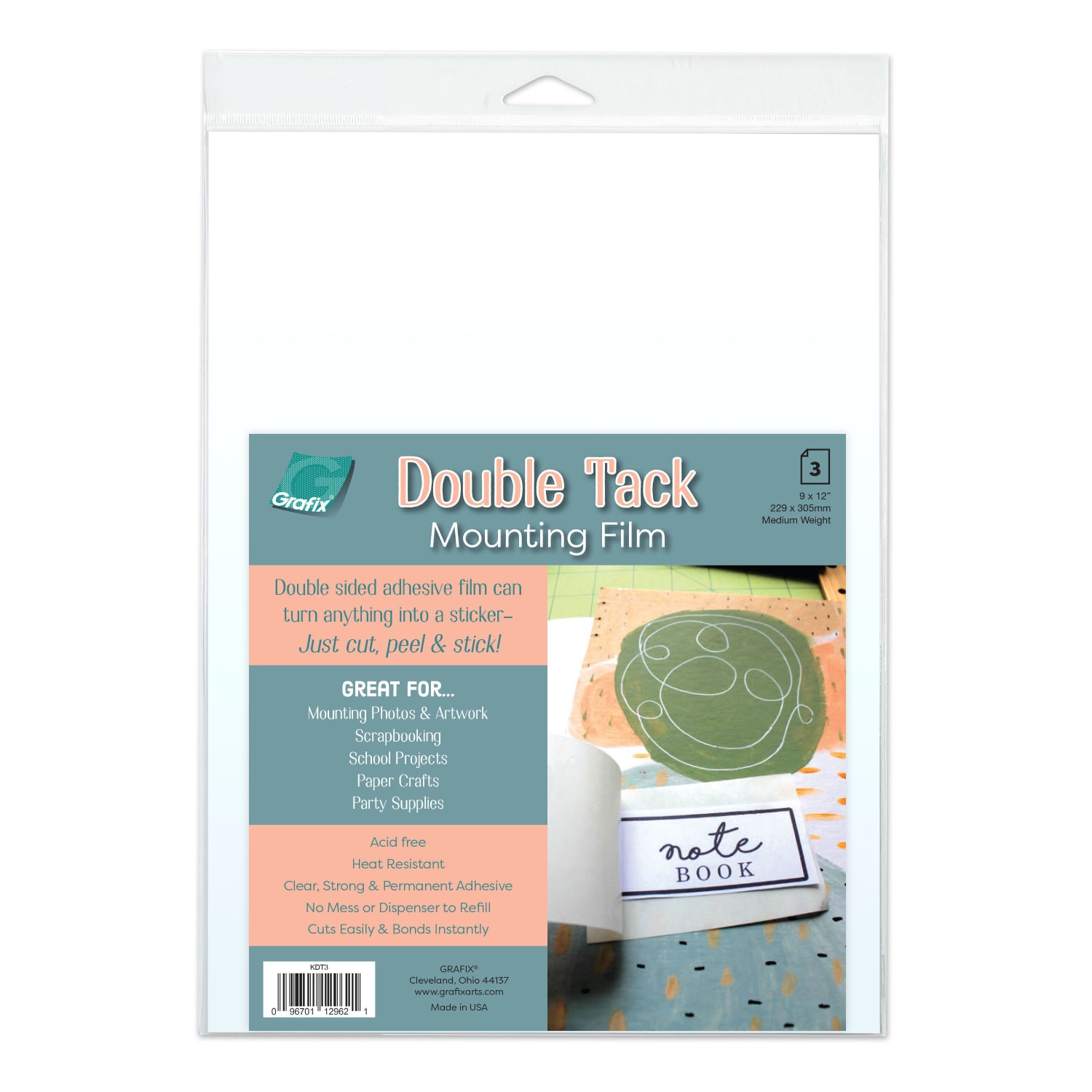 Grafix Double Tack Mounting Film, 9" x 12", 3-Sheet Convenience Pack