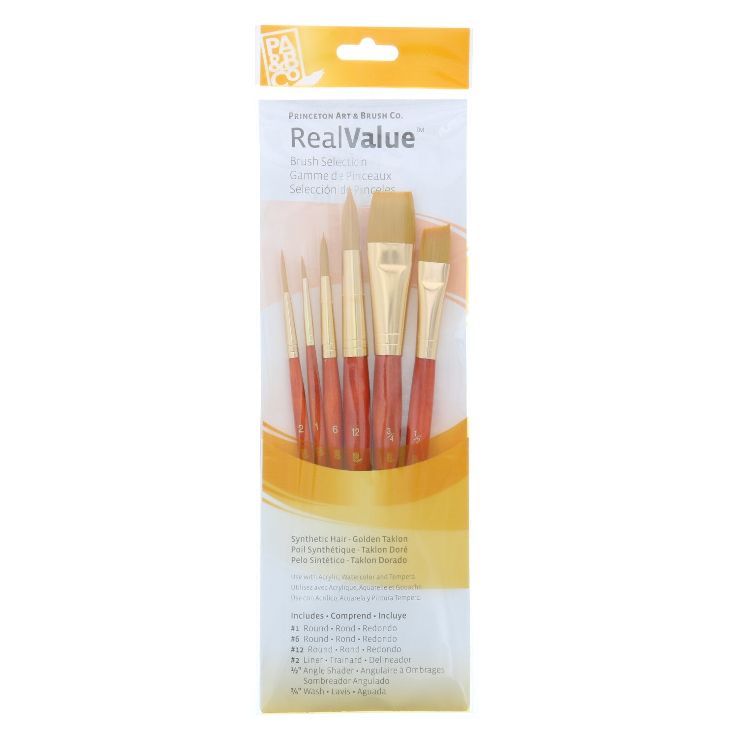 Princeton Brush Value 6-Brush Golden Taklon Set, Rnd 1, 6, 12, Liner 2, Angle Shader 1/2, Wash 3/4