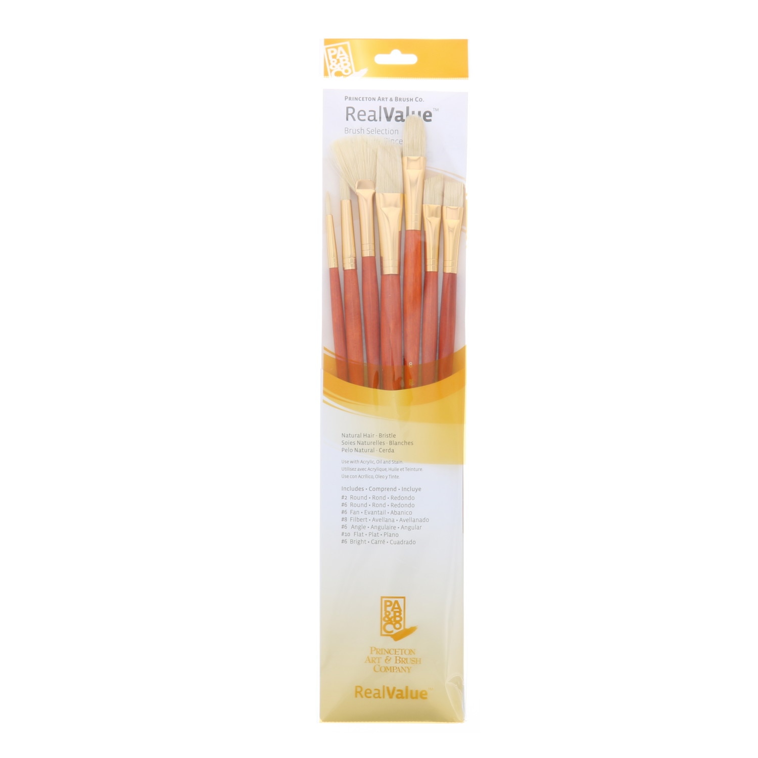 Princeton Brush Real Value 7-Brush Bristle Set, Rnd 2, 6, Brt 6, Filb 8, Fan 6, Flt 10, Angle 6 (LH)