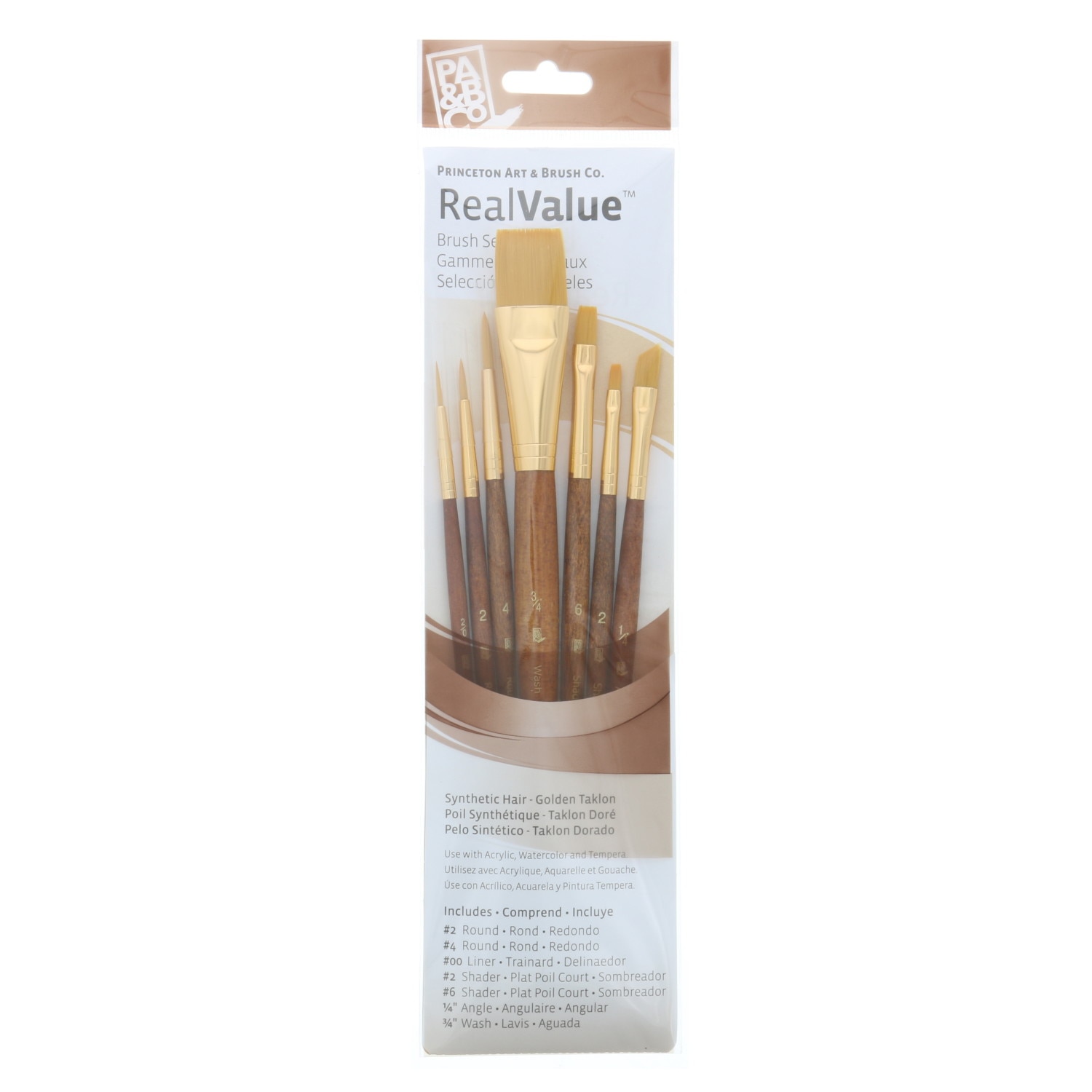 Princeton Brush Value 7-Brush Glden Taklon Set, Rnd 2, 4, Liner 2/0, Shader 4, 6, Angl 1/4, Wash 3/4