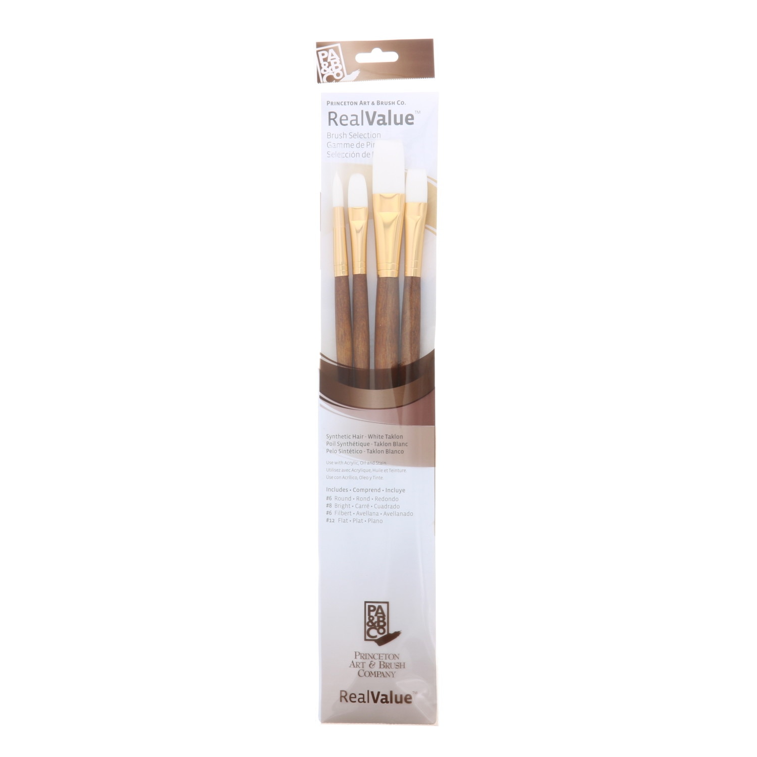 Princeton Brush Real Value 4-Brush White Taklon Brush Set Round 6, Filbert 6, Bright 8, Flat 12 (LH)