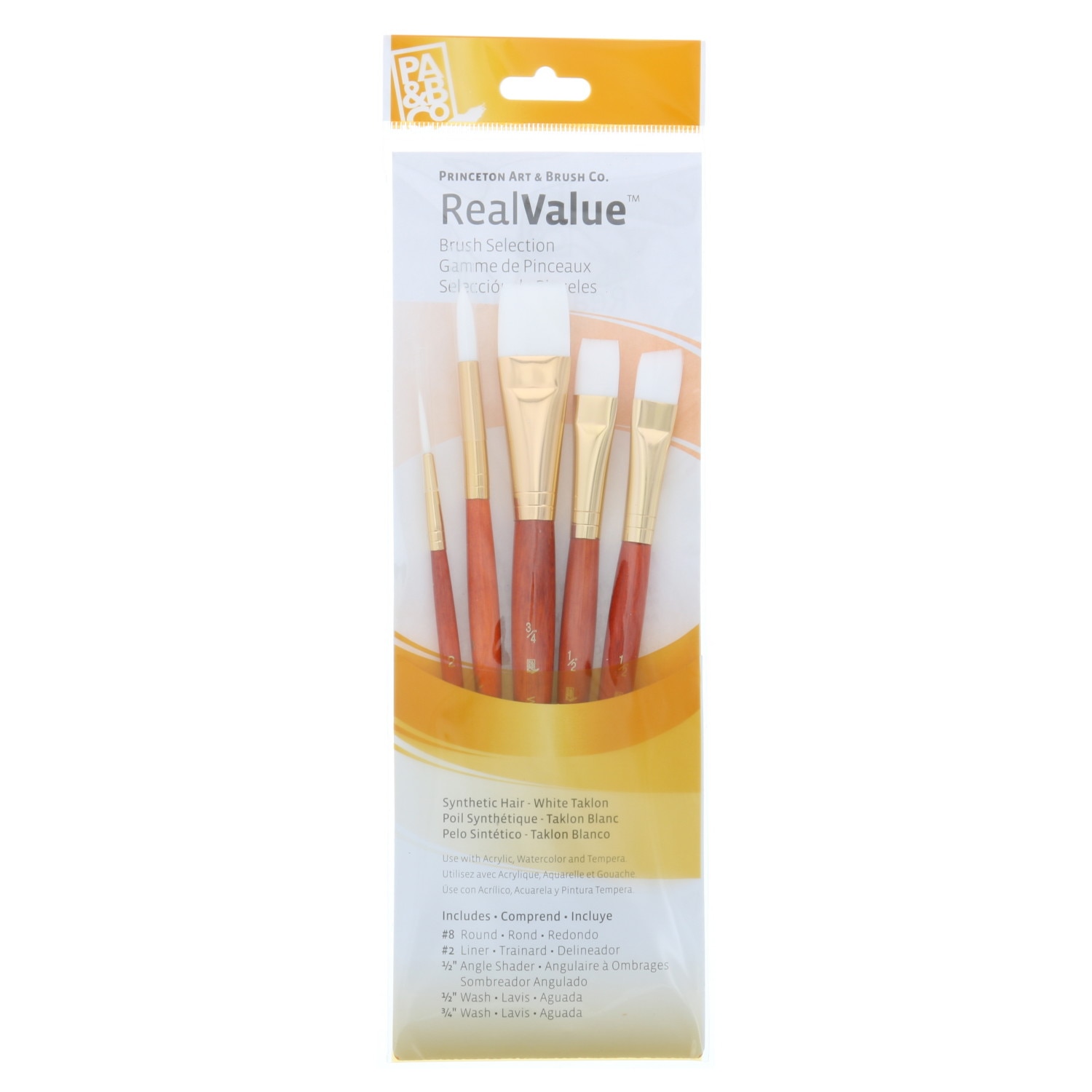 Princeton Brush Real Value 5-Brush White Taklon Set Rnd 8, Liner 2, Angle Shader 1/2, Wash 1/2, 3/4