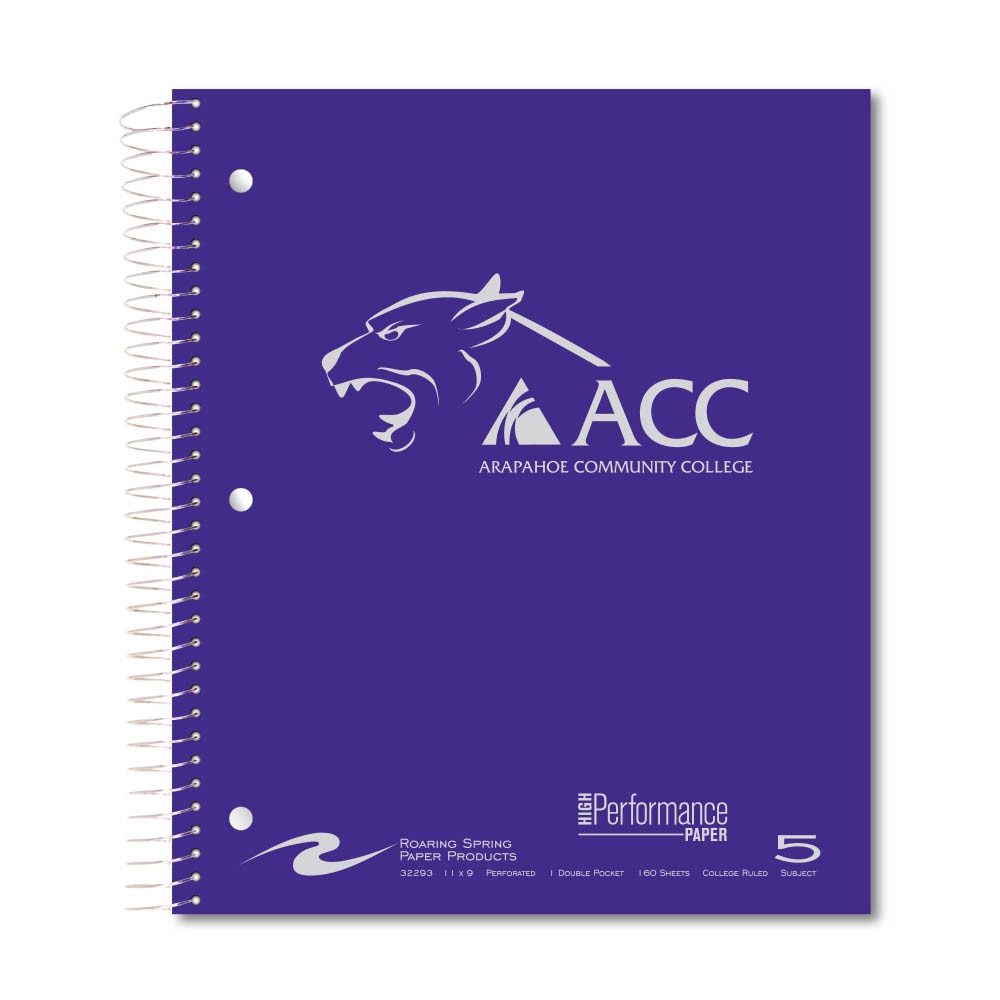 Roaring Premium 5 Subject Notebook, 8.5x11 College Ruled 20lb Paper, Pressboard Foil Cover