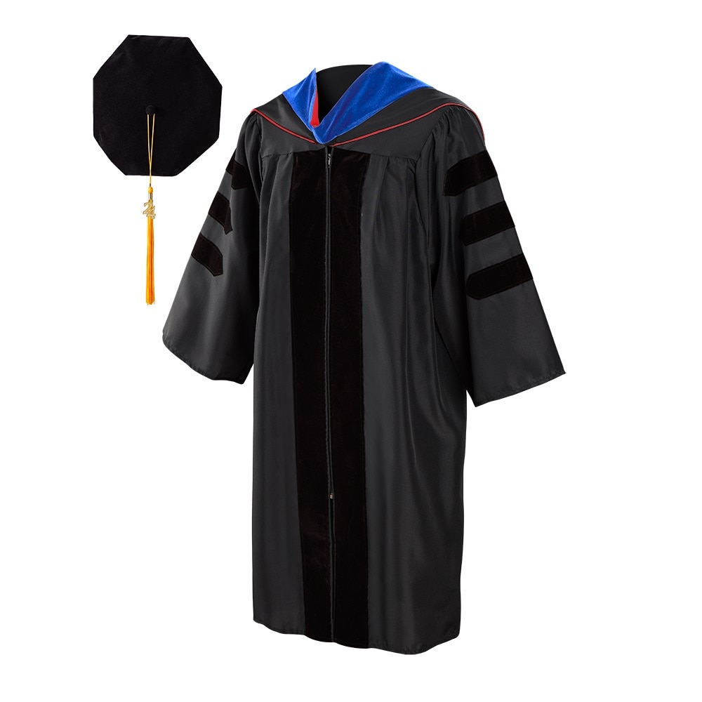 8585 GOWN: ELEMENTS.CUSTOM.DOCTOR.ACETATE.TRIM: VELVET BLACK.W/ HOOD BUTTON.ZP-455 UNIV OF DENVER(1.5")
