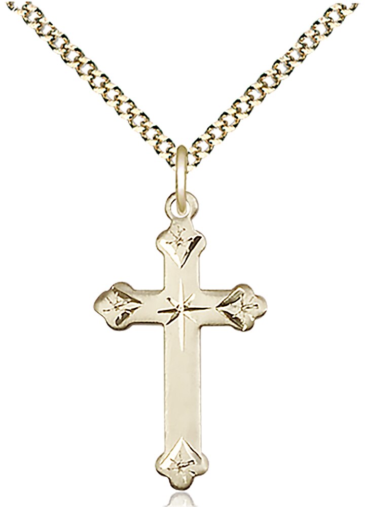 14kt Gold Filled Cross Pendant on an 18-inch Gold Plate Light Curb Chain.  Handmade in the USA