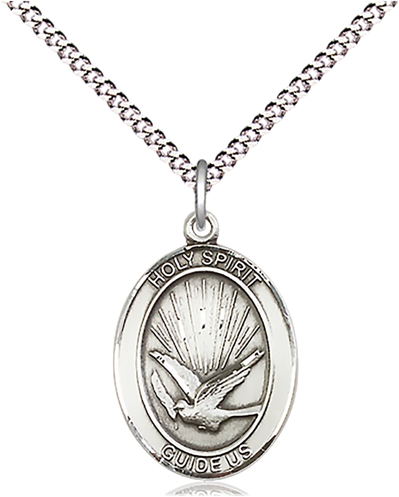 Holy Spirit Medal  Medal Measures 3/4-inch tall by 1/2-inch wide  Chain is 18 Inches in length Light Rhodium Light Curb Chain with Lobster Claw Clasp Handmade in the USA