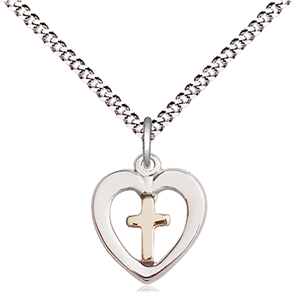 Two-Tone GF/SS Heart Cross Pendant on an 18-inch Light Rhodium Light Curb Chain.  Handmade in the USA